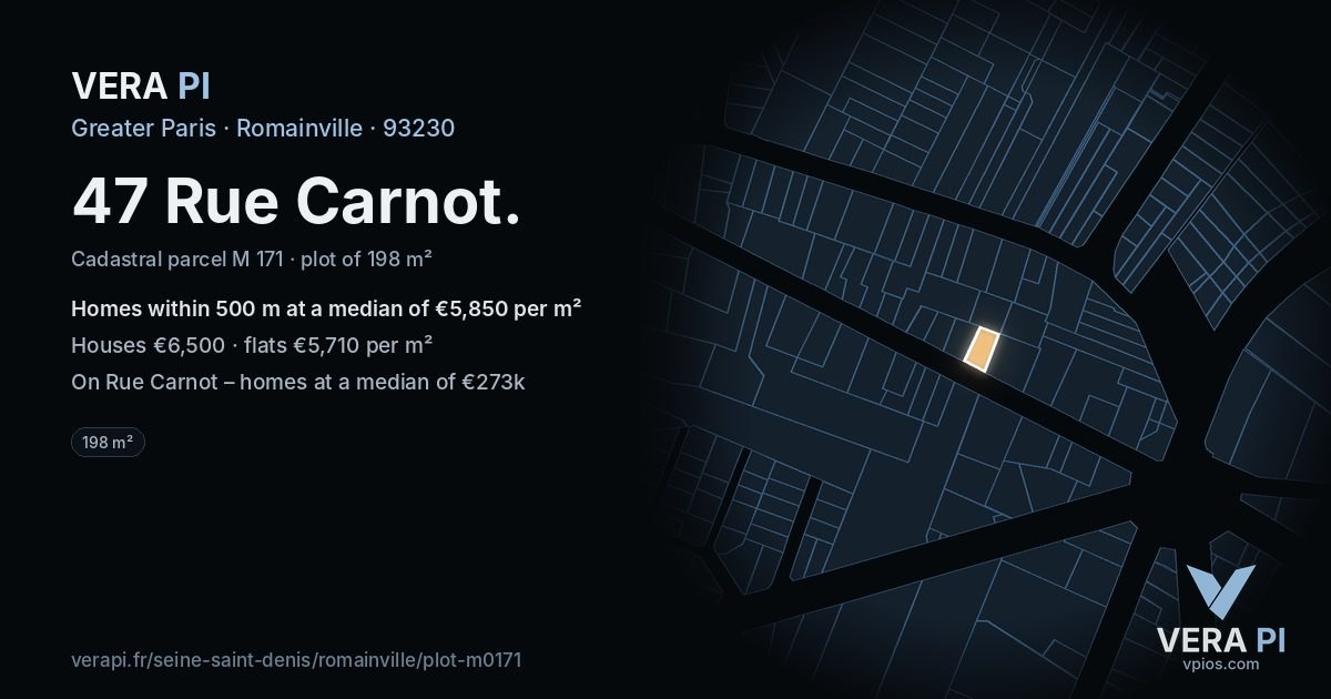 47 Rue Carnot, Romainville at night – the plot lit, the parcels around coloured by the prices near them