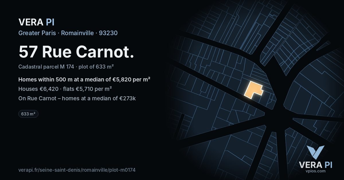 57 Rue Carnot, Romainville at night – the plot lit, the parcels around coloured by the prices near them
