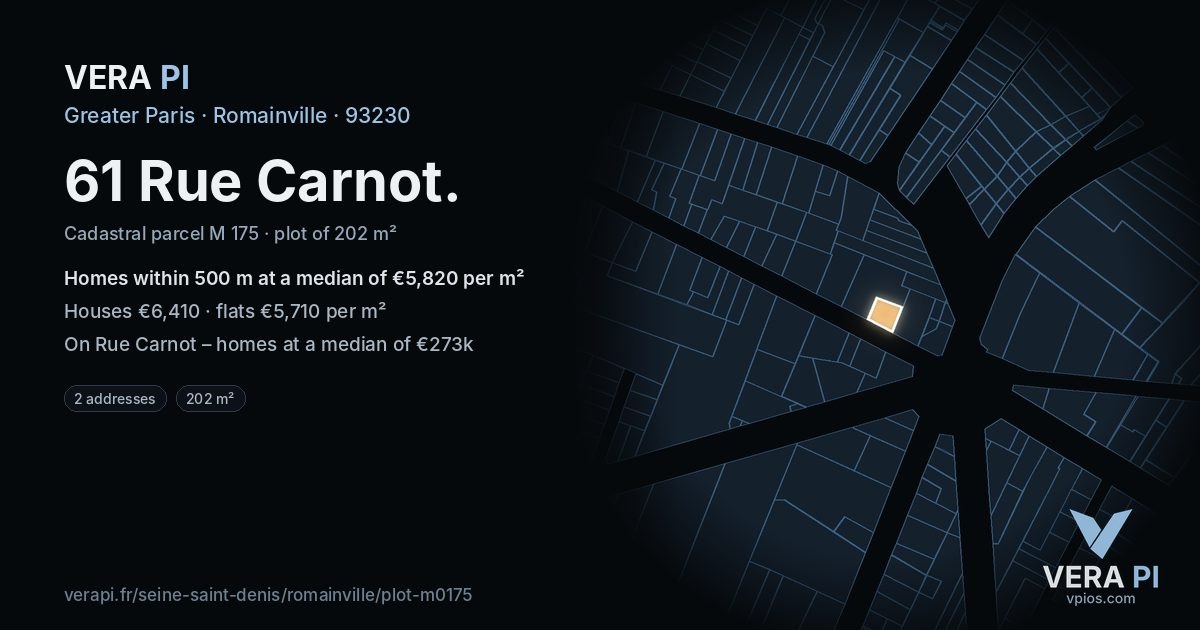 61 Rue Carnot, Romainville at night – the plot lit, the parcels around coloured by the prices near them