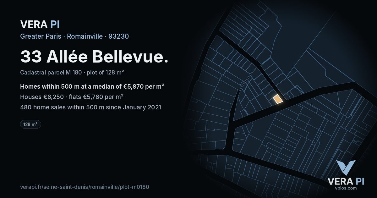 33 Allée Bellevue, Romainville at night – the plot lit, the parcels around coloured by the prices near them