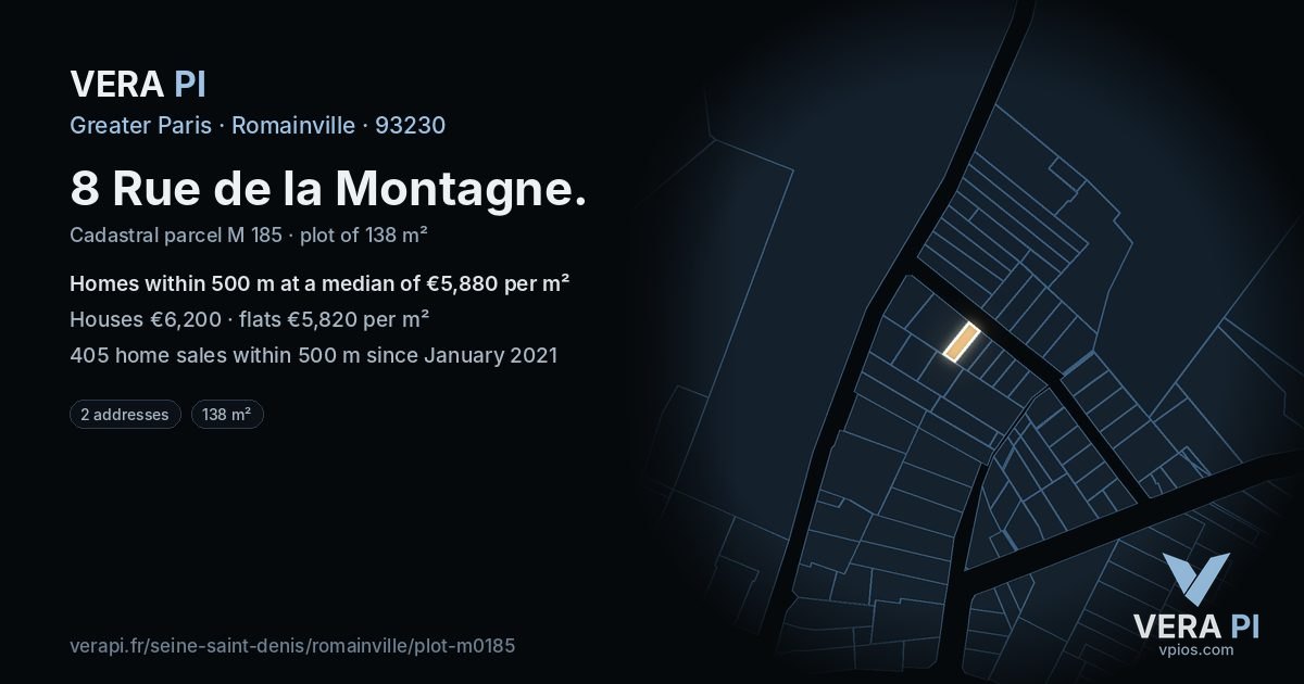 8 Rue de la Montagne, Romainville at night – the plot lit, the parcels around coloured by the prices near them
