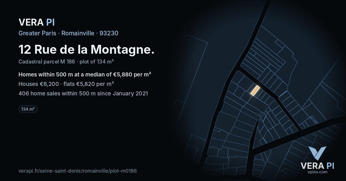 12 Rue de la Montagne, Romainville at night – the plot lit, the parcels around coloured by the prices near them