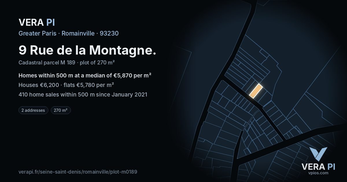 9 Rue de la Montagne, Romainville at night – the plot lit, the parcels around coloured by the prices near them