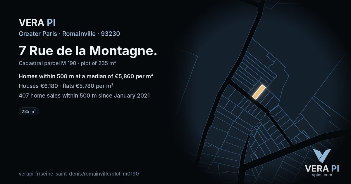 7 Rue de la Montagne, Romainville at night – the plot lit, the parcels around coloured by the prices near them