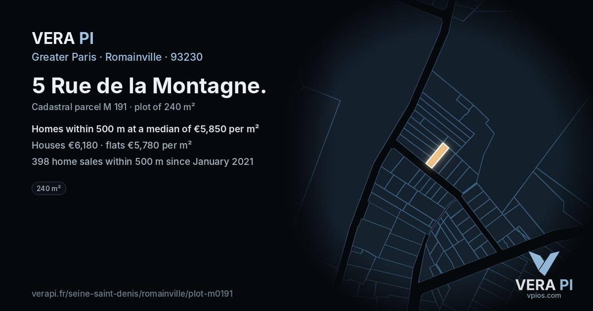 5 Rue de la Montagne, Romainville at night – the plot lit, the parcels around coloured by the prices near them