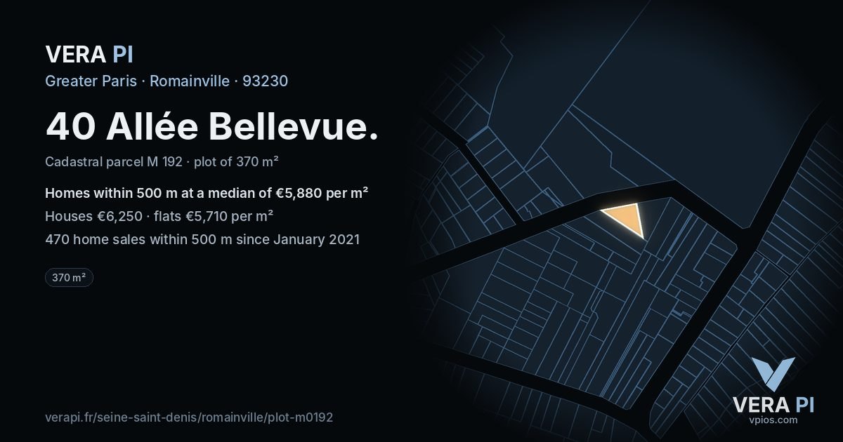 40 Allée Bellevue, Romainville at night – the plot lit, the parcels around coloured by the prices near them