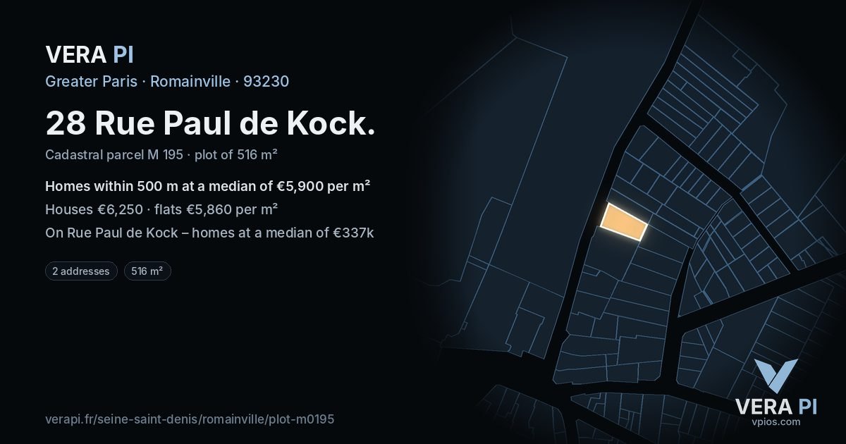 28 Rue Paul de Kock, Romainville at night – the plot lit, the parcels around coloured by the prices near them