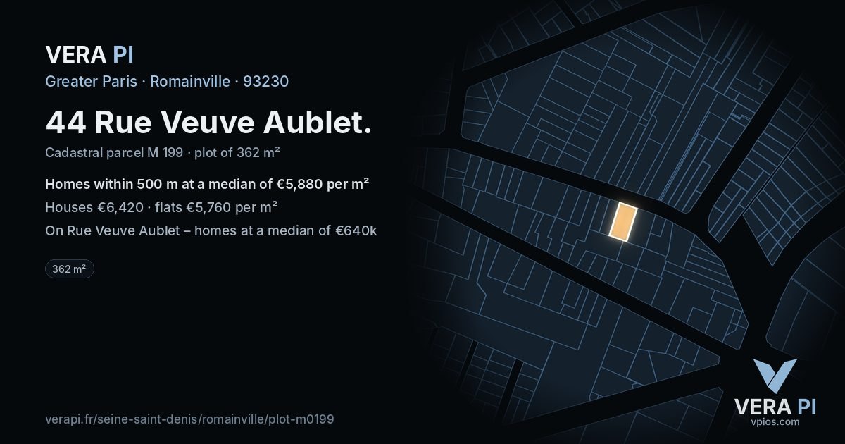 44 Rue Veuve Aublet, Romainville at night – the plot lit, the parcels around coloured by the prices near them