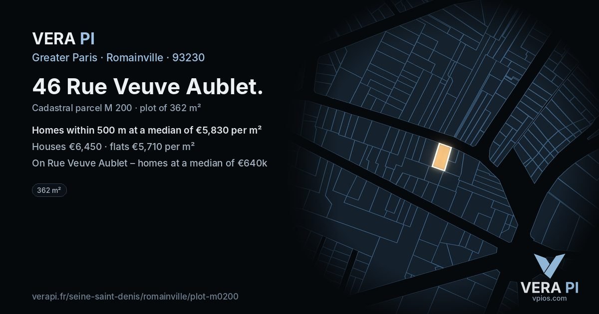 46 Rue Veuve Aublet, Romainville at night – the plot lit, the parcels around coloured by the prices near them