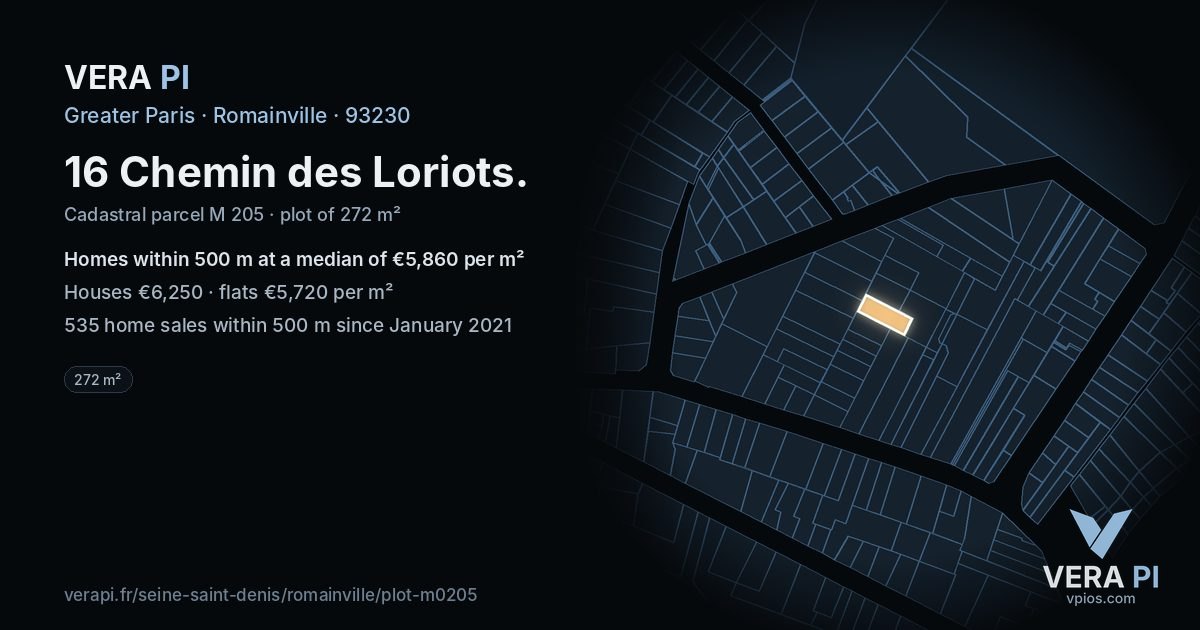 16 Chemin des Loriots, Romainville at night – the plot lit, the parcels around coloured by the prices near them