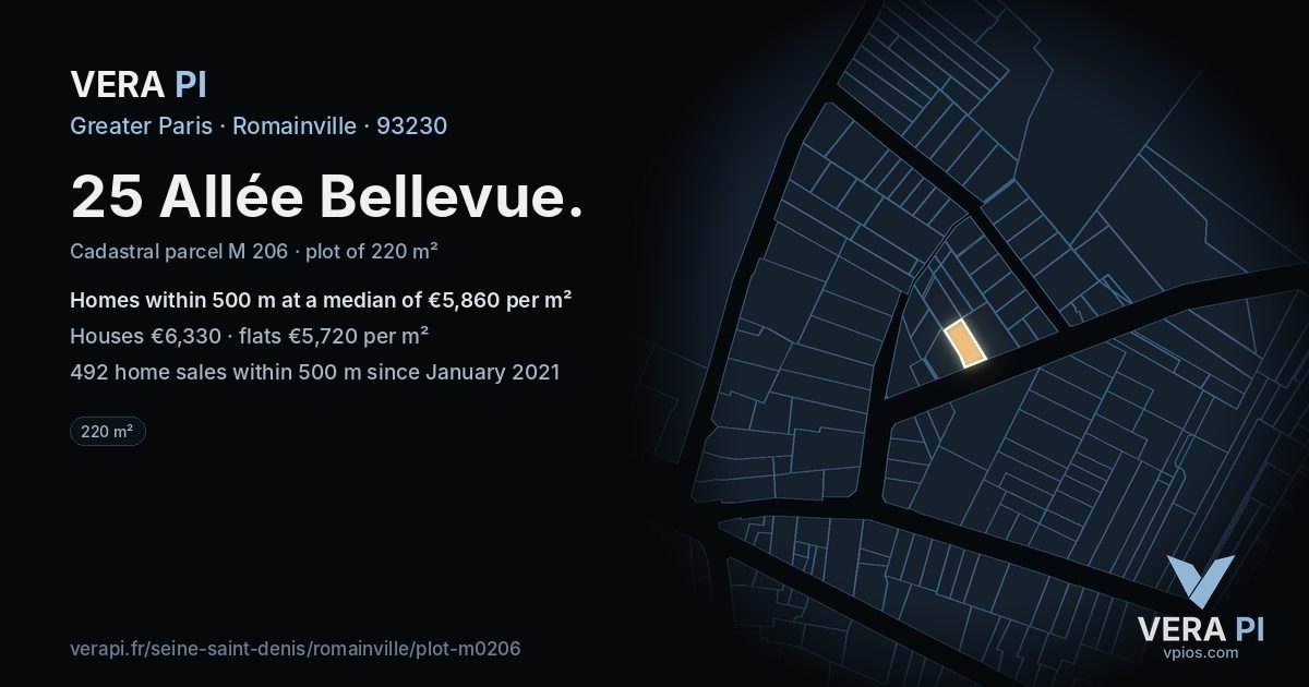 25 Allée Bellevue, Romainville at night – the plot lit, the parcels around coloured by the prices near them