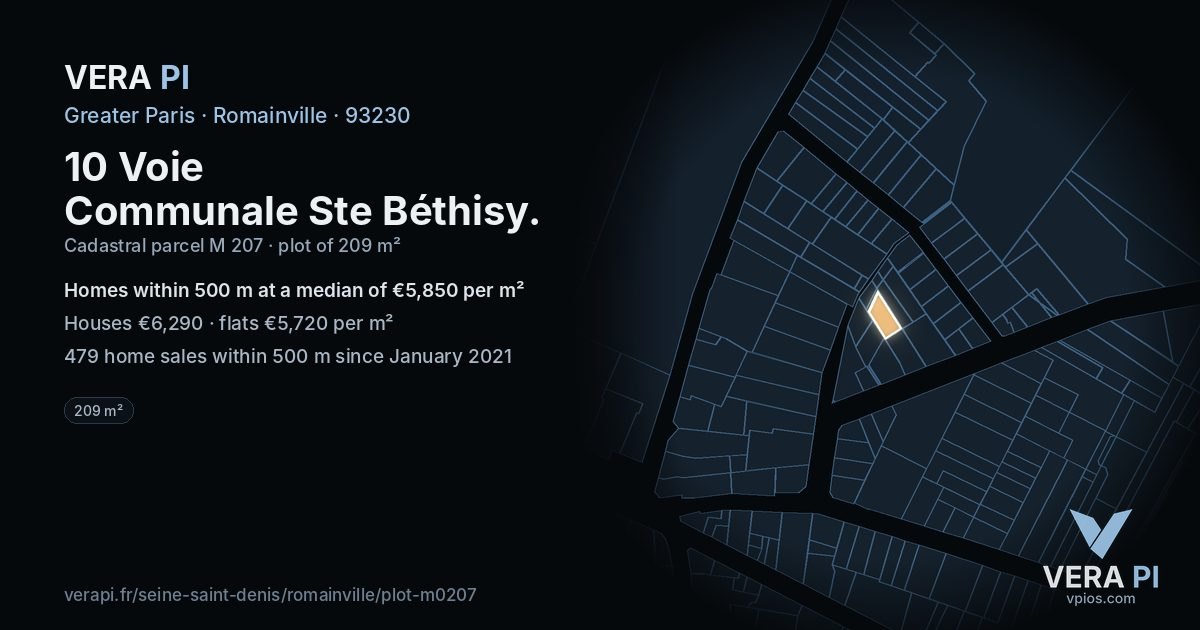 10 Voie Communale Ste Béthisy, Romainville at night – the plot lit, the parcels around coloured by the prices near them