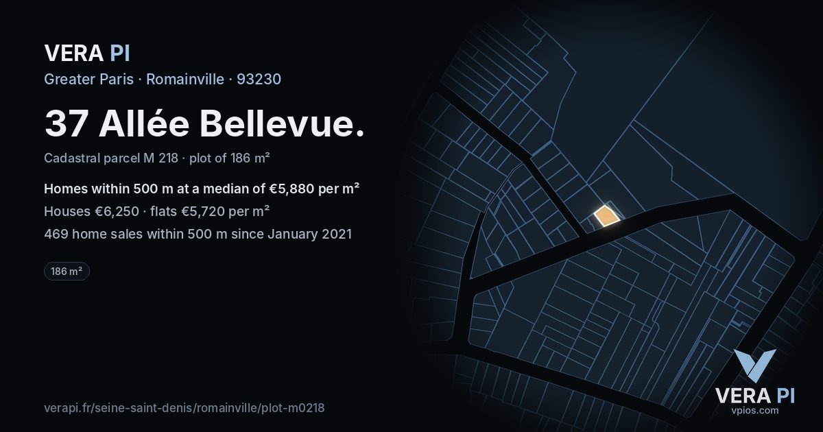 37 Allée Bellevue, Romainville at night – the plot lit, the parcels around coloured by the prices near them