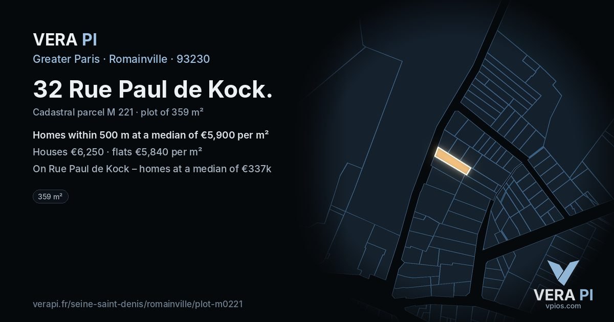 32 Rue Paul de Kock, Romainville at night – the plot lit, the parcels around coloured by the prices near them