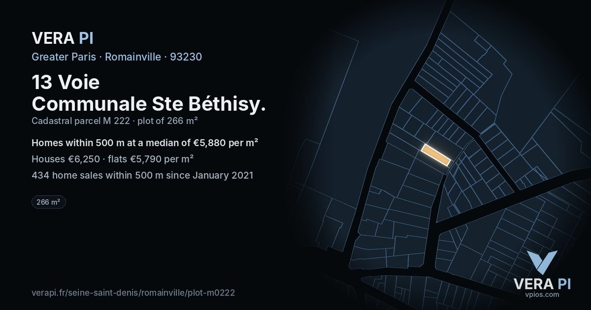 13 Voie Communale Ste Béthisy, Romainville at night – the plot lit, the parcels around coloured by the prices near them