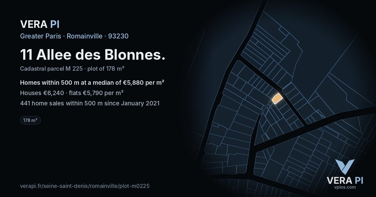 11 Allee des Blonnes, Romainville at night – the plot lit, the parcels around coloured by the prices near them