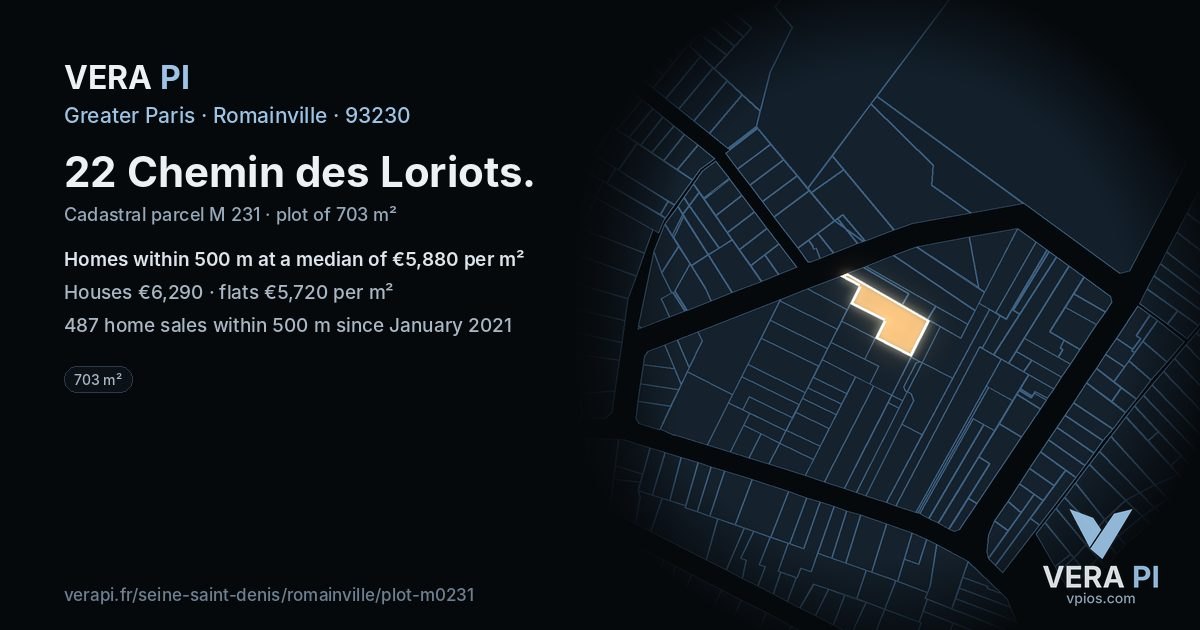 22 Chemin des Loriots, Romainville at night – the plot lit, the parcels around coloured by the prices near them