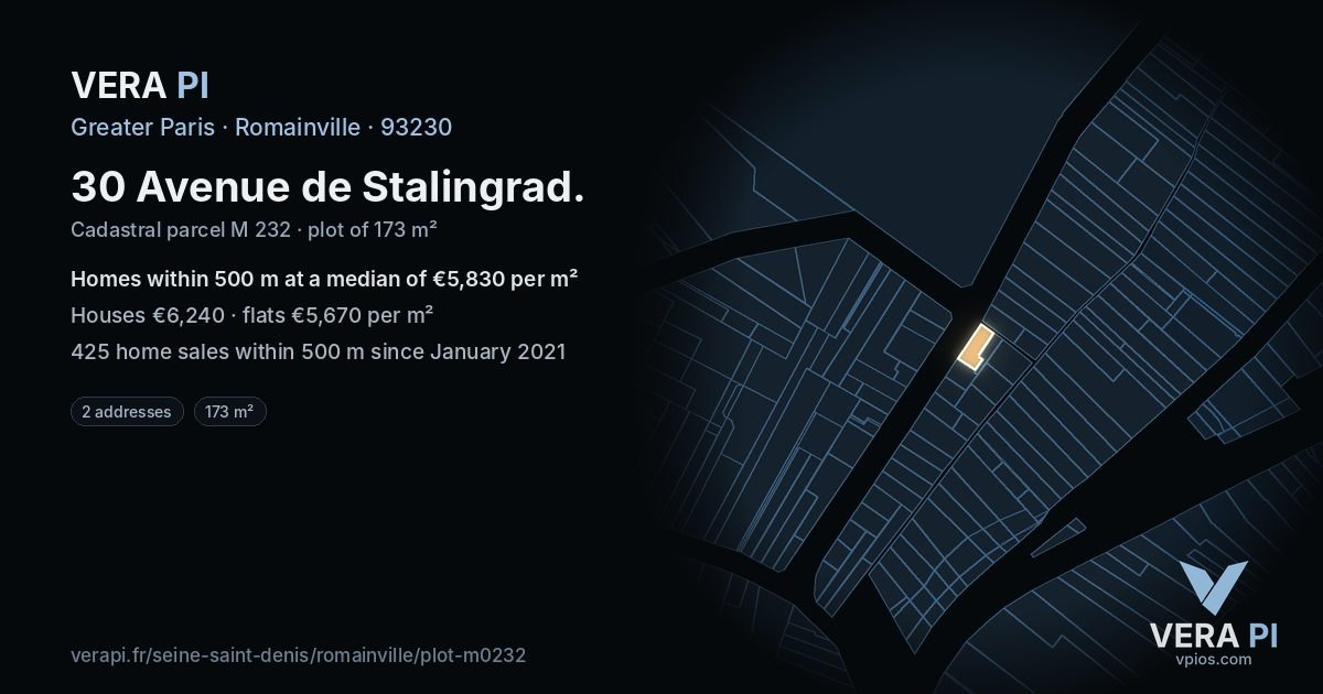 30 Avenue de Stalingrad, Romainville at night – the plot lit, the parcels around coloured by the prices near them