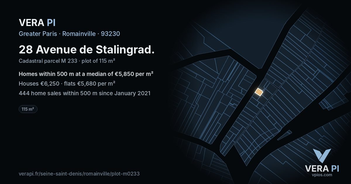 28 Avenue de Stalingrad, Romainville at night – the plot lit, the parcels around coloured by the prices near them