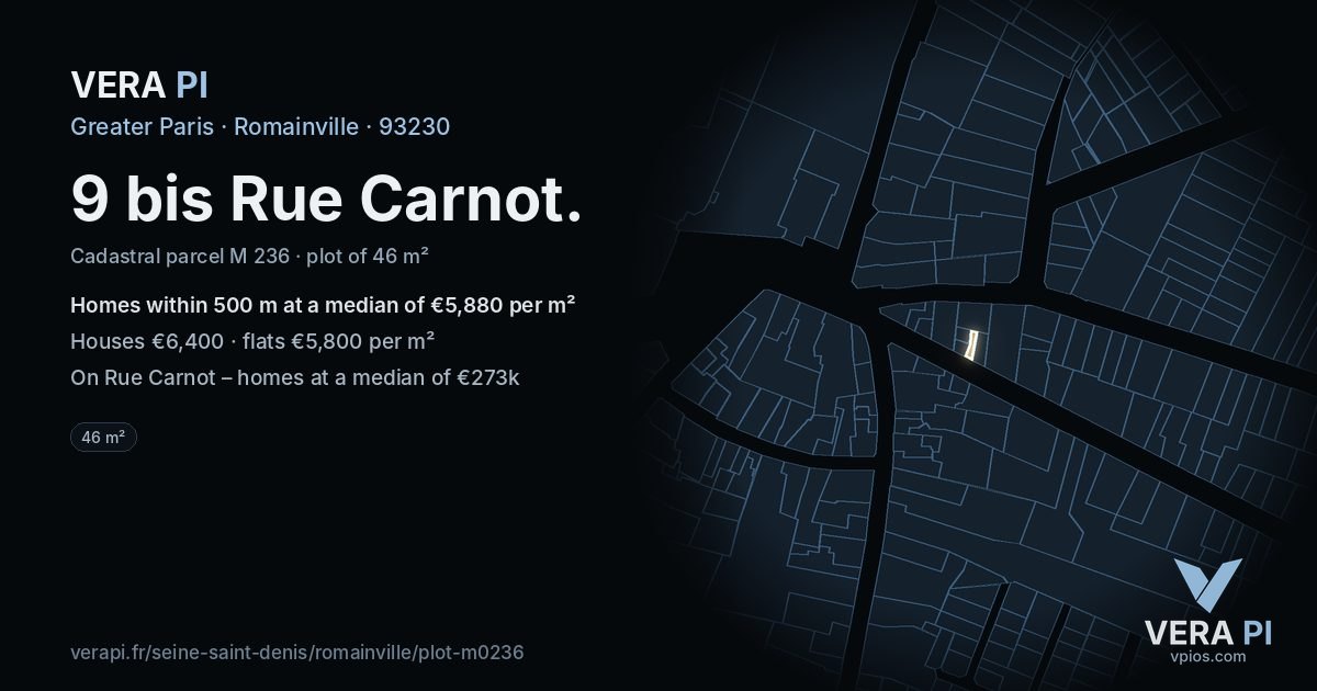 9 bis Rue Carnot, Romainville at night – the plot lit, the parcels around coloured by the prices near them