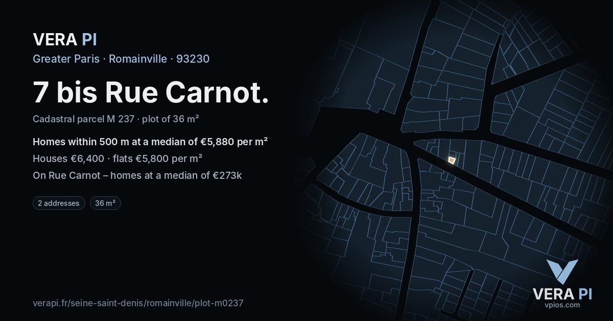 7 bis Rue Carnot, Romainville at night – the plot lit, the parcels around coloured by the prices near them