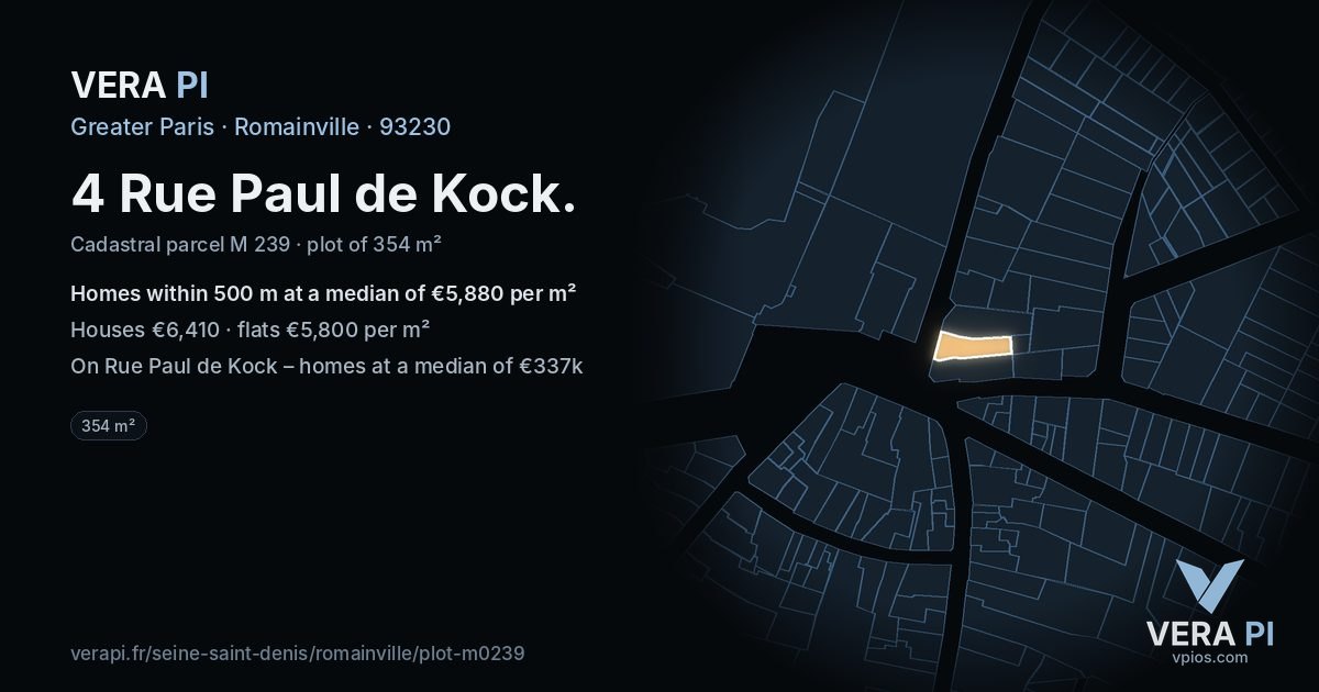 4 Rue Paul de Kock, Romainville at night – the plot lit, the parcels around coloured by the prices near them