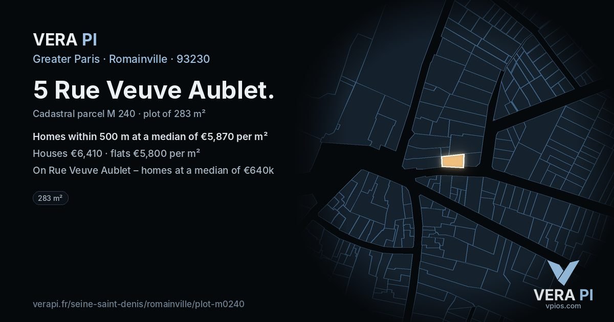 5 Rue Veuve Aublet, Romainville at night – the plot lit, the parcels around coloured by the prices near them