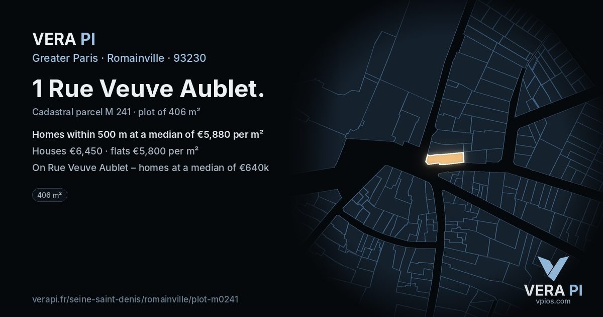 1 Rue Veuve Aublet, Romainville at night – the plot lit, the parcels around coloured by the prices near them