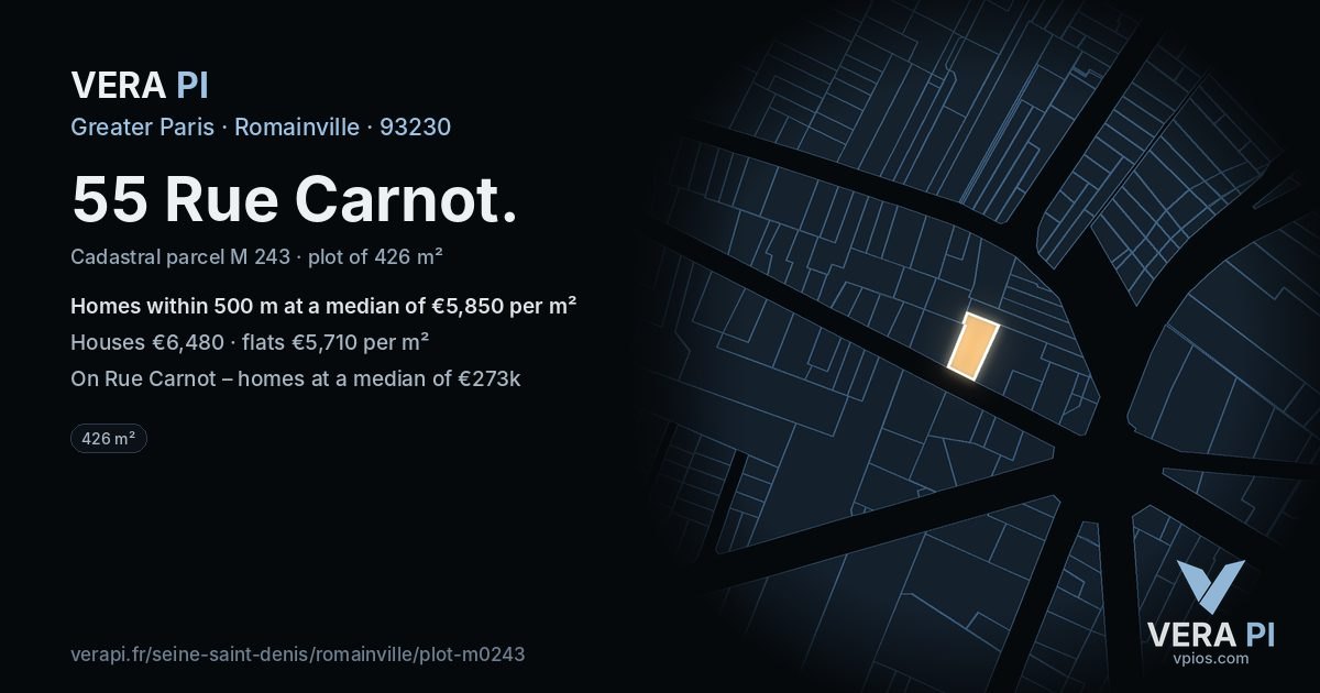 55 Rue Carnot, Romainville at night – the plot lit, the parcels around coloured by the prices near them