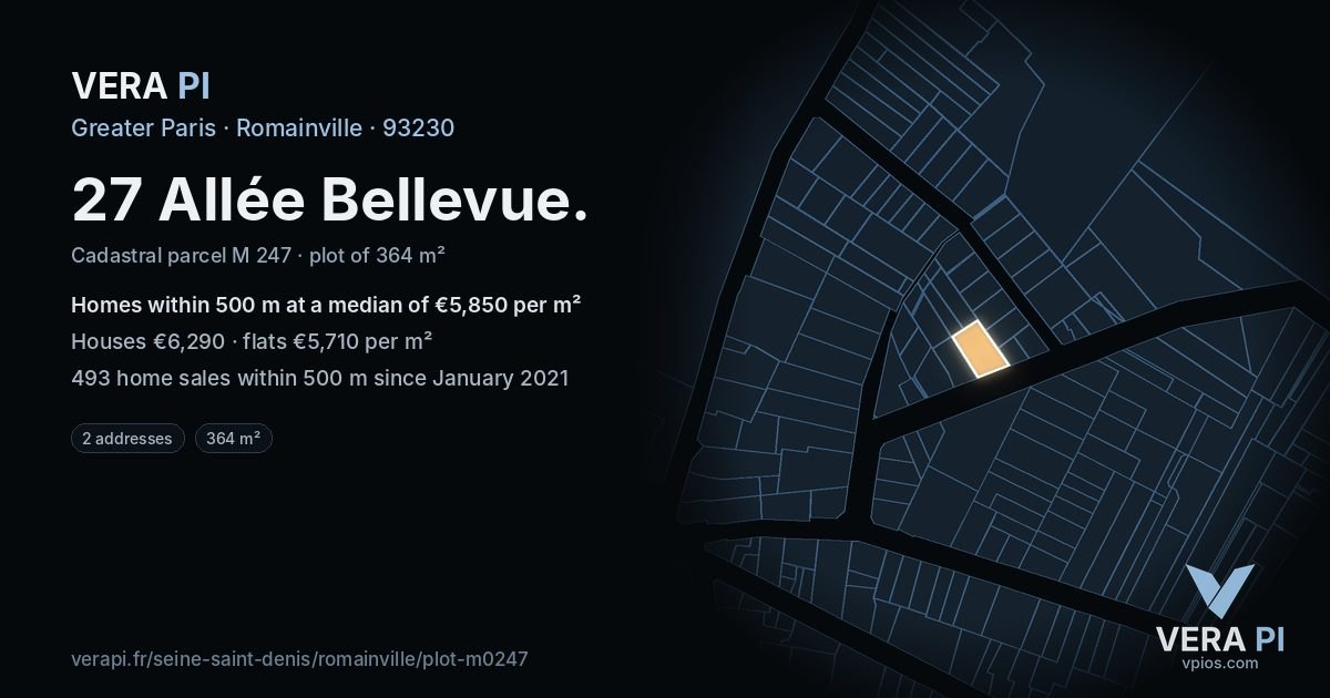 27 Allée Bellevue, Romainville at night – the plot lit, the parcels around coloured by the prices near them
