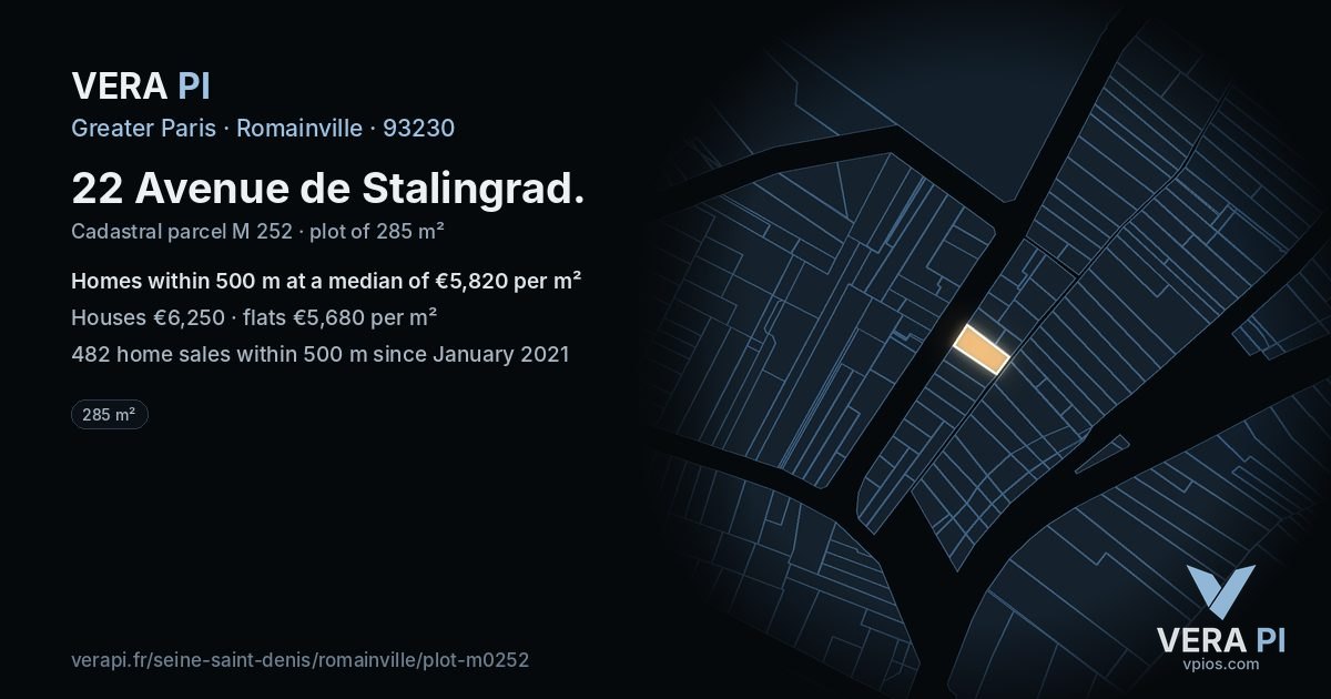 22 Avenue de Stalingrad, Romainville at night – the plot lit, the parcels around coloured by the prices near them
