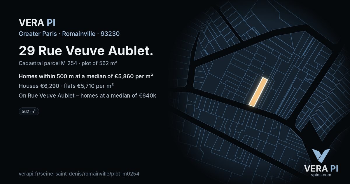 29 Rue Veuve Aublet, Romainville at night – the plot lit, the parcels around coloured by the prices near them