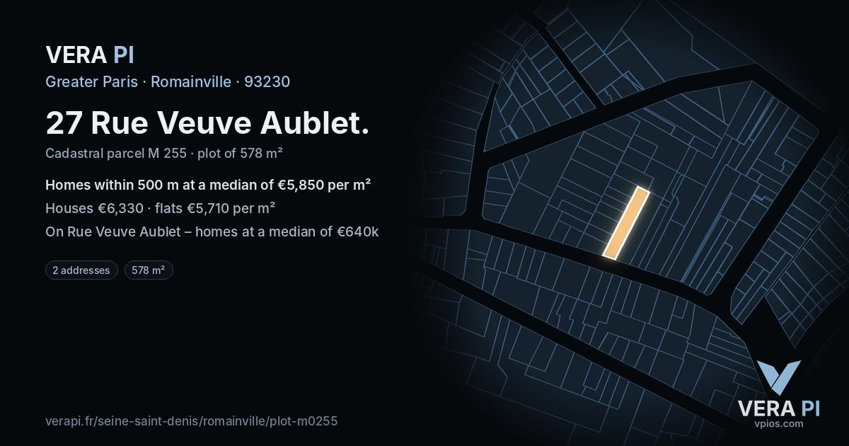 27 Rue Veuve Aublet, Romainville at night – the plot lit, the parcels around coloured by the prices near them