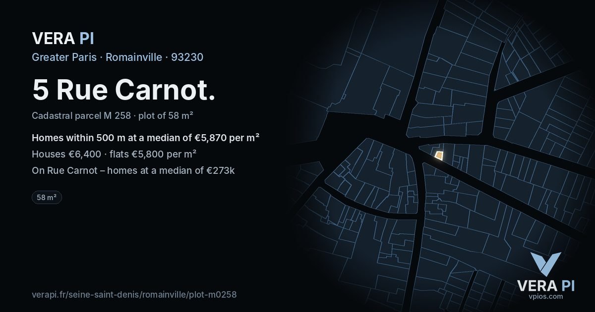 5 Rue Carnot, Romainville at night – the plot lit, the parcels around coloured by the prices near them