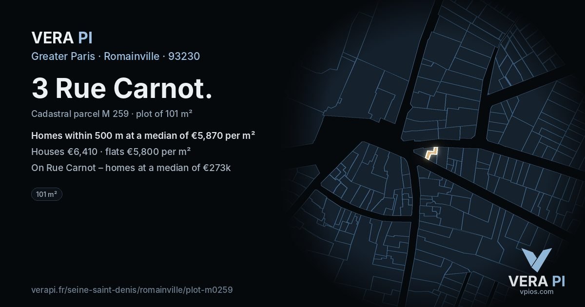 3 Rue Carnot, Romainville at night – the plot lit, the parcels around coloured by the prices near them