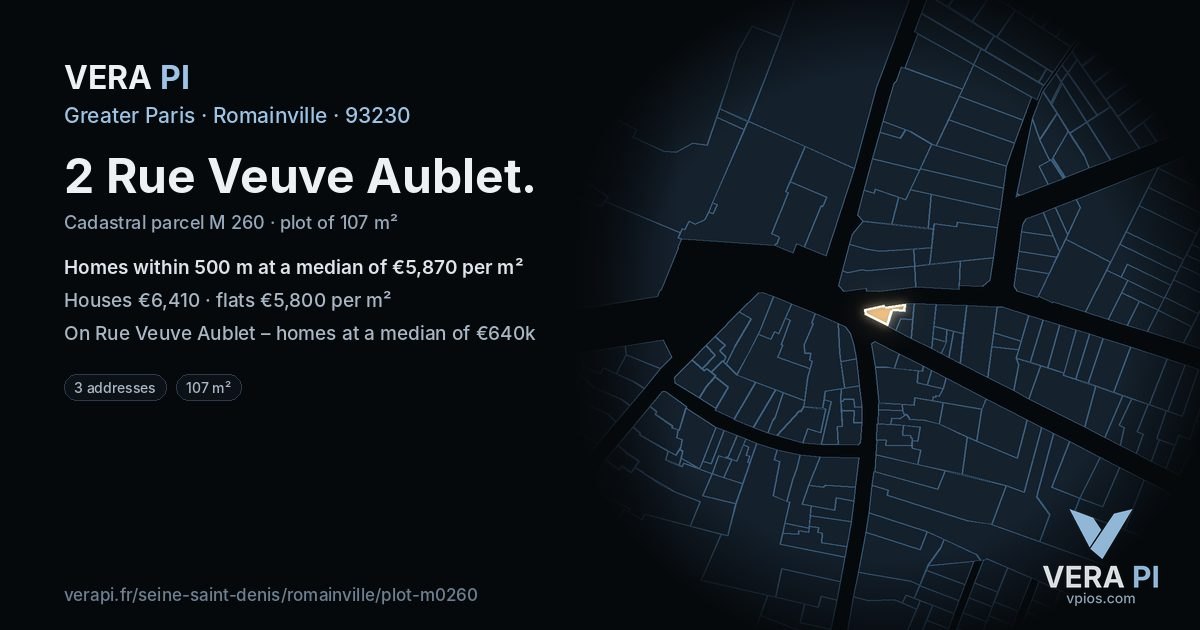 2 Rue Veuve Aublet, Romainville at night – the plot lit, the parcels around coloured by the prices near them