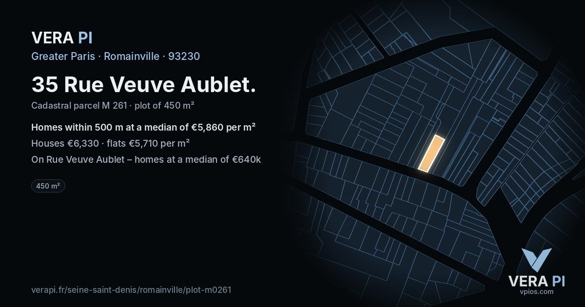 35 Rue Veuve Aublet, Romainville at night – the plot lit, the parcels around coloured by the prices near them