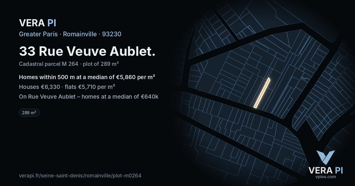 33 Rue Veuve Aublet, Romainville at night – the plot lit, the parcels around coloured by the prices near them
