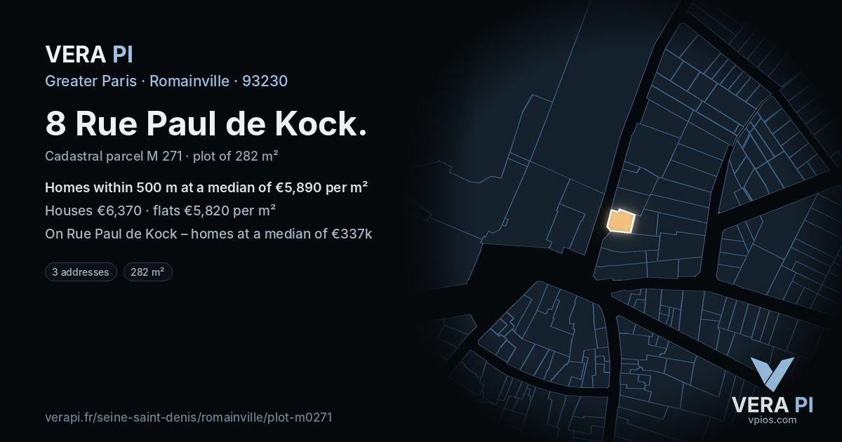 8 Rue Paul de Kock, Romainville at night – the plot lit, the parcels around coloured by the prices near them