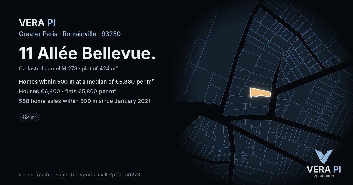 11 Allée Bellevue, Romainville at night – the plot lit, the parcels around coloured by the prices near them