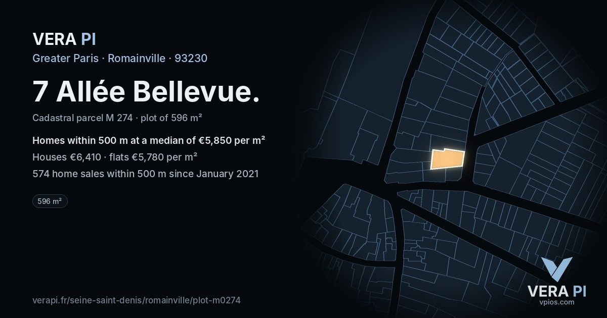 7 Allée Bellevue, Romainville at night – the plot lit, the parcels around coloured by the prices near them