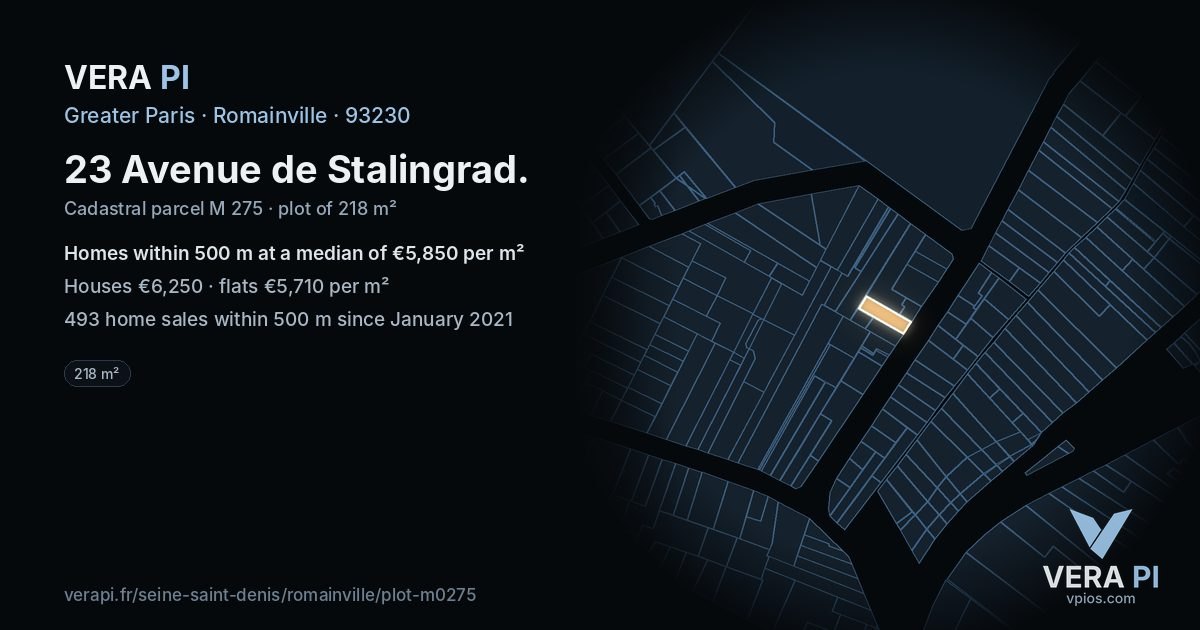 23 Avenue de Stalingrad, Romainville at night – the plot lit, the parcels around coloured by the prices near them