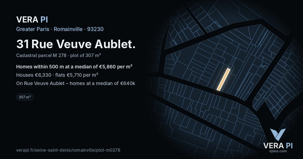 31 Rue Veuve Aublet, Romainville at night – the plot lit, the parcels around coloured by the prices near them