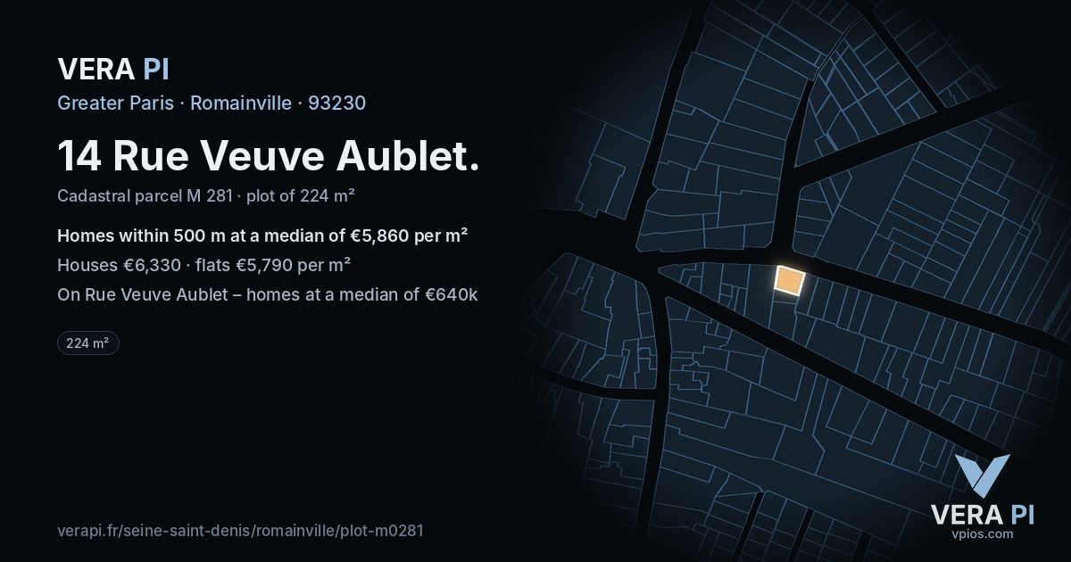14 Rue Veuve Aublet, Romainville at night – the plot lit, the parcels around coloured by the prices near them