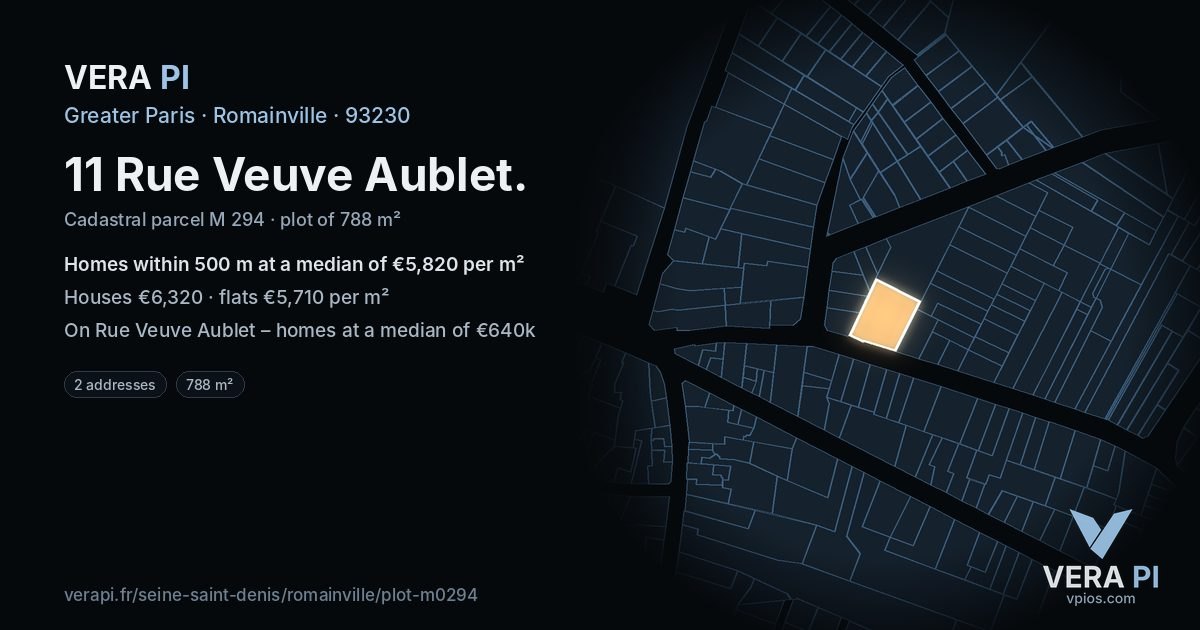 11 Rue Veuve Aublet, Romainville at night – the plot lit, the parcels around coloured by the prices near them