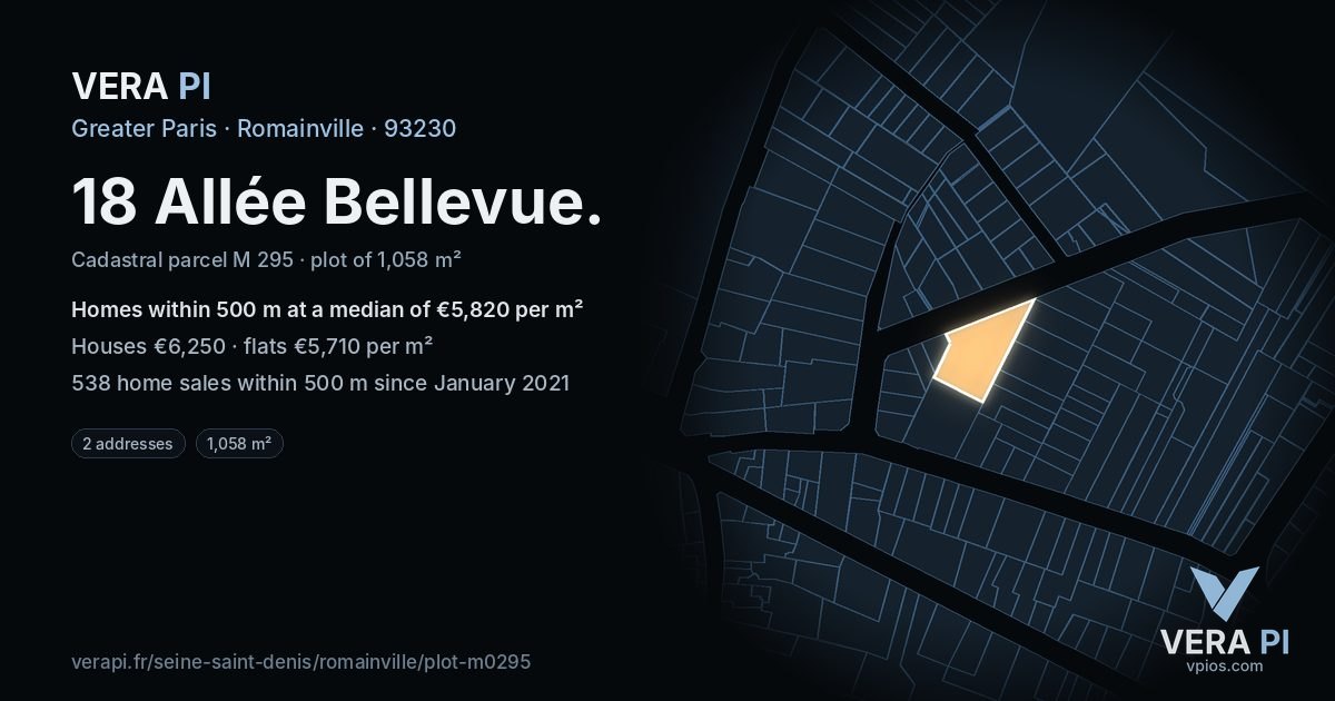 18 Allée Bellevue, Romainville at night – the plot lit, the parcels around coloured by the prices near them