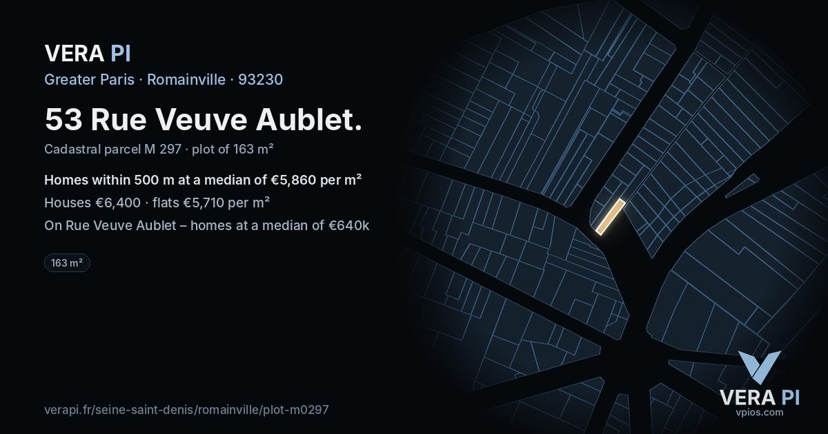 53 Rue Veuve Aublet, Romainville at night – the plot lit, the parcels around coloured by the prices near them