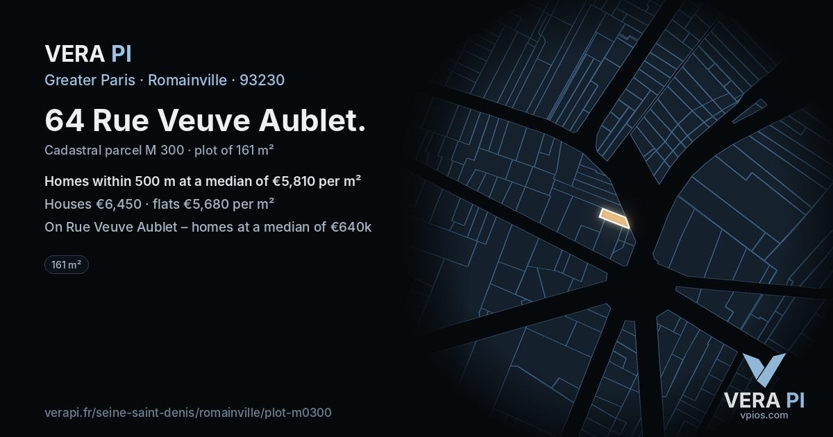 64 Rue Veuve Aublet, Romainville at night – the plot lit, the parcels around coloured by the prices near them