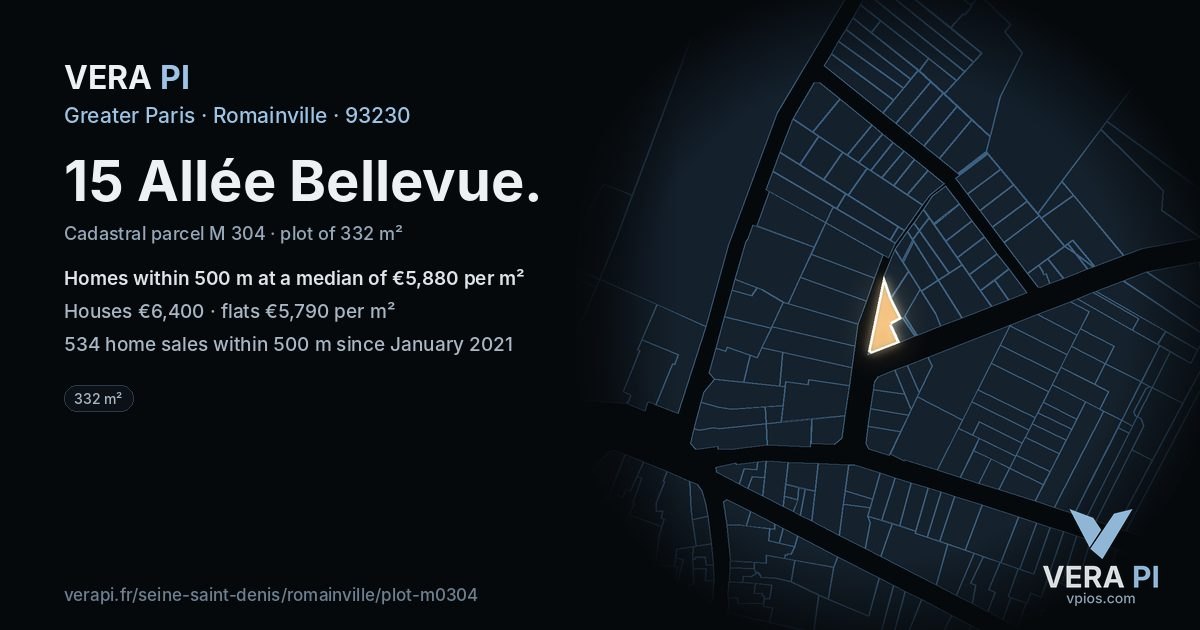 15 Allée Bellevue, Romainville at night – the plot lit, the parcels around coloured by the prices near them