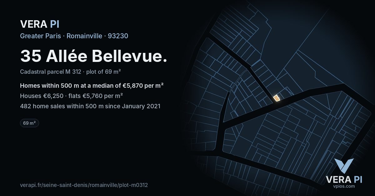 35 Allée Bellevue, Romainville at night – the plot lit, the parcels around coloured by the prices near them